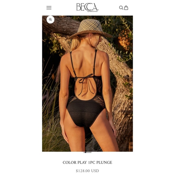 BECCA Color Play Crochet Plunge One Piece Swimsuit w/ Tie Back — MEDIUM — Black - Picture 5 of 15
